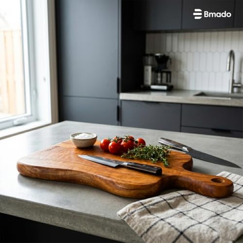 Image of Bmado Premium Single-Piece Solid Wooden Cutting Board with Handle | 1.2 Inch Thick Heavy-Duty Rectangular Chopping Board | Knife-Safe for Vegetables, Meat & Fruits | No Joints One Block Design
