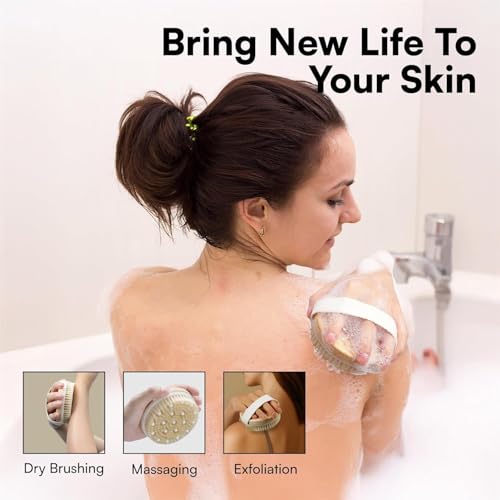 Image of Wooden Blood Circulation Bath Brush With Massager | Natural Bristles | Dry Brushing Removes Dead Skin, Treats Cellulite & Stimulates Blood Flow