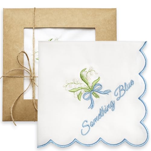 Lauusiusi Something Blue Wedding Gift for Bride Handkerchief Embroidered Lily of the Valley Hankie with Scalloped Edges 11 x 11 for Mom Bridesmaid on Wedding Day Party Accessory
