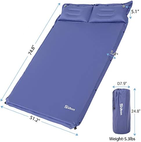 Ubon Double Self Inflating Sleeping Mat Inflatable Mattress with Pillows Comfortable Air Sleep Pad for 2 People 1.5 inch Sponge Filling Ergonomic Pillow Portable and Lightweight Camping Bed