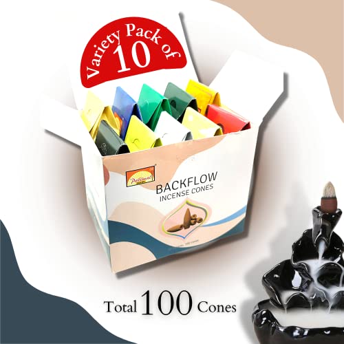 Backflow Incense Cones for Waterfall - [Improved] (10 Variants,100 Cones) Dragons Blood Incense, Lavender Incense Cone, Nag Champa Palo Santo Cones | Creates Meditative Waterfall Fountain