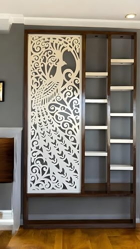 Image of Carved Room Divider Screen, Room Separator Partition Panel for Between Room and Kitchen, Brown with Mirror