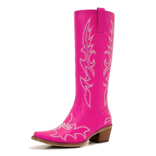 Image of Uillnoodu Women's Turquoise Cowgirl Boots - Wide Calf Mid Calf Western Boots Plus Size Embroidered Cowboy Style with Block Heel