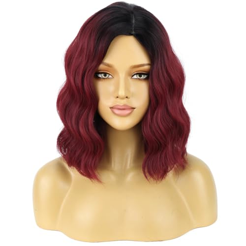 Image of BERON 14 Inches Women Burgundy Ombre Wigs Girls Short Curly Bob Wavy Wig Wine Red Body Heat Resistant Synthetic Cosplay Daily Wigs