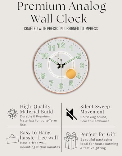 Image of WHISKET - 12 Inch | Luxury Designer Radium Wall Clock with Night Glow Numbers - Silent Analog Clock with Elegant Floral Design for Living Room, Bedroom & Office Decor. (Radium Pearl)