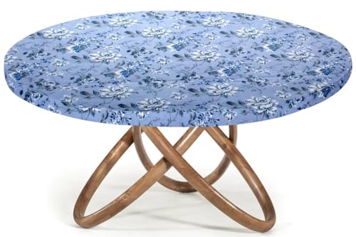 Image of The Furnishing Tree Elastic Cotton Round Dining Table Cover 54x54 in Inches Floral White Rose on Blue Base