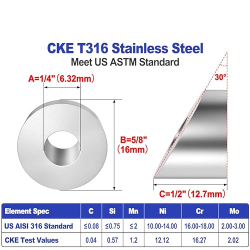YEHEI Packung mit 30 abgeschrägten Unterlegscheiben mit 30-Grad-, aus Edelstahl, 1/4 (6,35 mm) für Kabelbrücken von 1/8 bis 3/16 Po, Marinequalität, T316