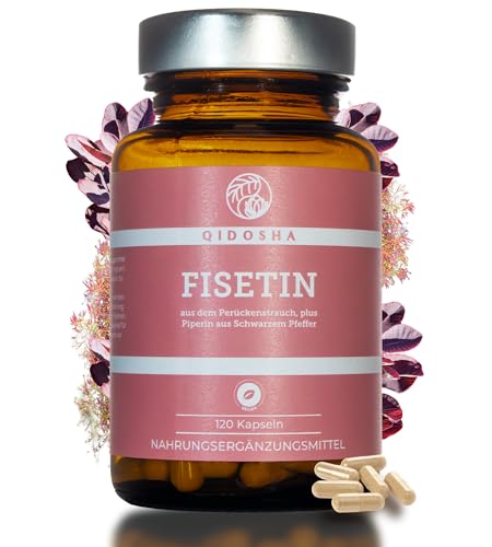 QIDOSHA Fisetin aus pflanzlicher Quelle 120 Kapseln im Apothekerglas 100 mg je Kapsel plus Piperin als Bioenhancer deutsche Fertigung jede Charge laborgeprüft
