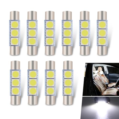 Icyfond 10PCS Led Sun Visor Vanity Mirror Lights, T6 5050-3SMD 12V Flat Head 180° Wide Beam Light Reading Lamp, Plug and Play Replacement for Sun Visor Vanity Mirror and Interior Dome Lights(White)