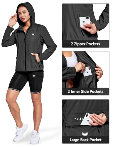 FitsT4 Sports Damen Fahrradjacke Radfahren Leichtgewicht Laufen Jacken Wasserabweisend Windbreaker Wanderjacke Reflektierend Trekking Regenjacke mit Kapuze,schwarz,L