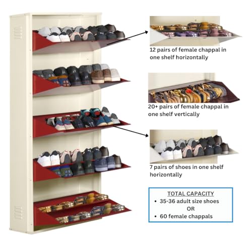 Image of DELITE KOM 29 inch Wide, 10 Shelf Metal Shoe Rack Wall Mounted for Home with Central Lock Holds Upto 36 Shoes or 60 Slippers Pair Double Decker, 1Yr Warranty, (67x29x8, Ivory Brick Red), DIY, Space Saver