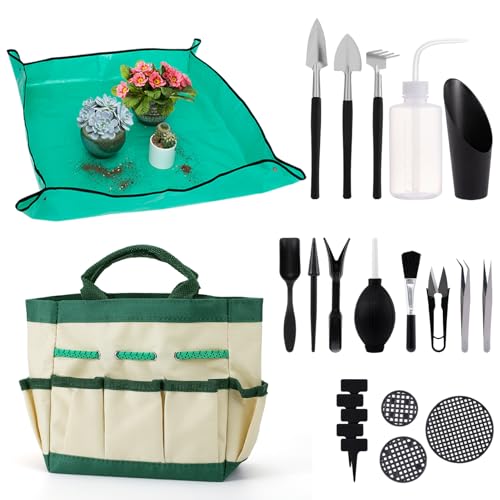 44pcs Small Gardening Tools Gifts for Women Beginners - Garden Hand Tools Set for Indoor Succulent Bonsai Plants Transplanting Included Bag/Repotting Mat/Shovel/Labels Green