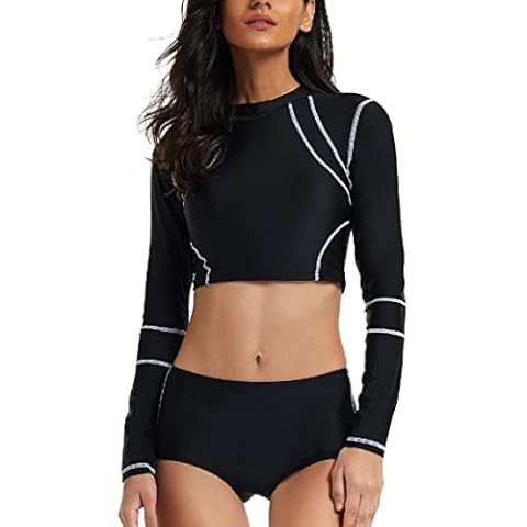 TOKX Damen Zweiteilige Langarm Badeanzüge UV Schutz Rash Guard Surfen Badeanzug Print Tankini Sets, Schwarz 3, Medium Cover