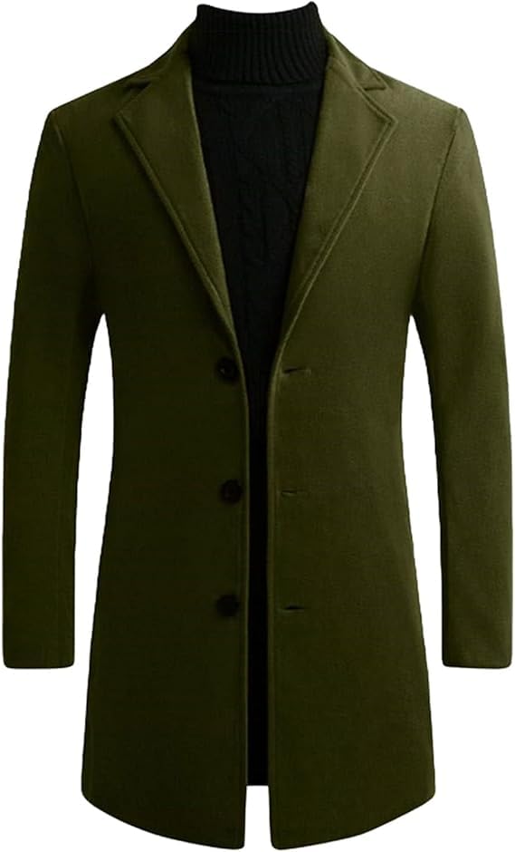 Mens Mid-Length Wool Blend Trench Coat Notched Collar Single Breasted Long Jacket Business Casual Button Overcoat