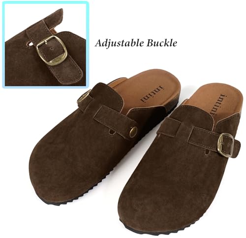 Image of Genuine Suede Clogs Womens Mens Cork Footbed Sandals Potato Shoes | Unisex Suede Leather Mules ,Arch Support,Adjustable Metal Buckle,Cork and Rubber,Wonderful Quality