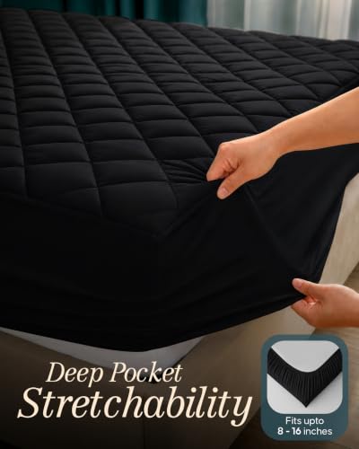 Image of Quilted Fitted Mattress Pad, Queen Mattress Protector Topper with Deep Pocket Stretches up to 16 Inches, Machine Washable Mattress Cover by Utopia Bedding (Black)