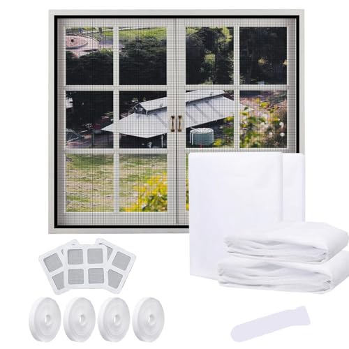 Moustiquaire Fenêtre Auto-Adhésive 4 Pièces avec Kit de Réparation - Écran Insecte Renforcé Anti-Moustiques & Mouches - Découpable Sans Perçage (130x150cm) (Blanc)