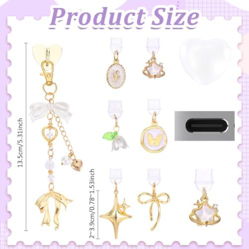 PH PandaHall 6PCS Dust Plug Charms 6 Styles Flower Star Dustproof Plugs Bowknot Phone Charm Chain Glass Mobile Phone Holders Heart Kickstand Baroque Port Caps Protector for Type-C Cell Phones E-Reader