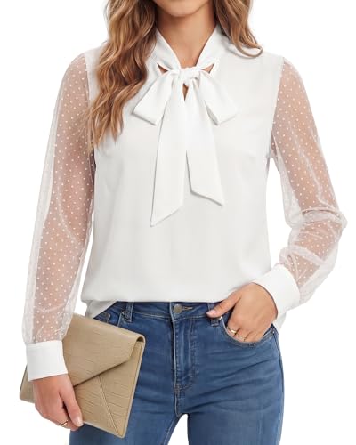 Image of Arach&Cloz Blouses for Women UK Ladies Elegant Bow Tie Office Casual Work Tops Long Mesh Sleeve Shirts with Swiss Dots White, L