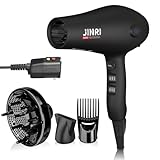 Hair Dryer - JINRI 1875W Diffuser Blow Dryer for Salon & Personal Use – Powerful, Fast Drying with Diffuser, Comb & Nozzle for Women & Men, ALCI Safety Plug, Black