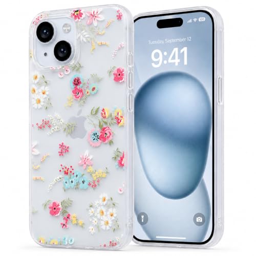 Image of SQUIF for iPhone 14 Plus / 15 Plus Back Case Cover Soft Silicone Translucent Matte Floral Printed Camera Protection (White)