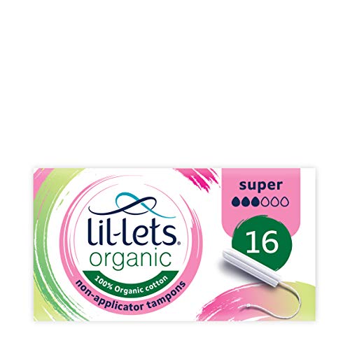 Lil-Lets Organic Non-Applicator Super Tampons, 16 Count (Pack of 1), for Medium to Heavy Flow, Made with 100% Cotton, GOTS Certified, Vegan Tampons, No Plastic Period Care