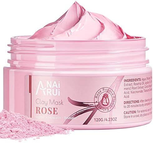 ANAI RUI Rose Clay Facial Mask, with Kaolin Pink Clay, Niacinamide, Collagen, Hyaluronic Acid Moisturizing. Pores Minimizers, Blackhead Remover, 4.23 Oz
