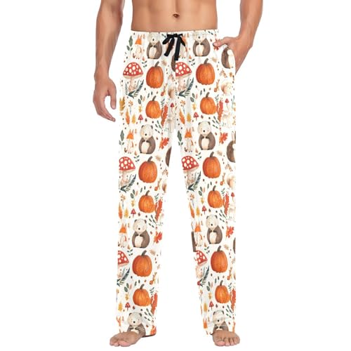 Mens Pajama Pants 100% Cotton, Mushrooms Fox Autumn Pumpkin Men's Flannel Pajama