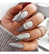 TULOBI Christmas Press on Nails Medium, Gradient Silver Almond Fake Nails with Winter Snowflake a...