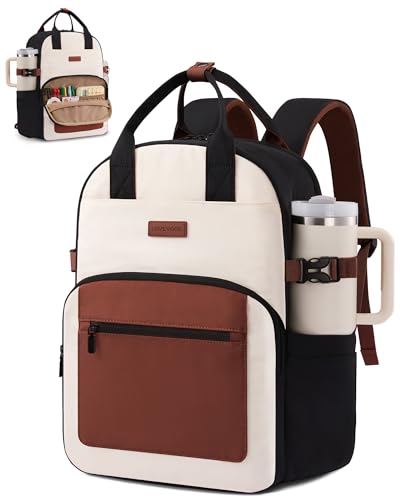 LOVEVOOK Laptop Backpack for Women - Stylish Work Backpack with Large Cup Holder, Waterproof College Teacher Backpack, Beige-Brown, 15.6Inch