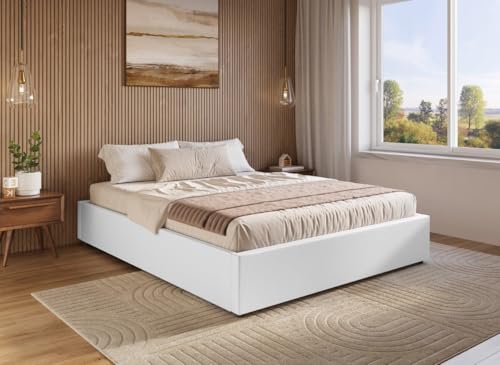 DecoInParis Lit sommier relevable avec Coffre en Simili Cuir Blanc 160x200 cm LIZBAN