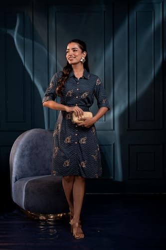 Image of Juniper Teal Zig‑Zag Print Button‑Down Cotton Shirt Dress with Belt