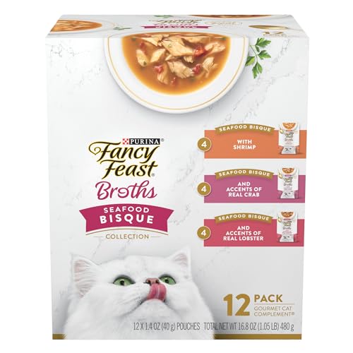Purina Fancy Feast Broth Seafood Bisque Complement Variety Pack Gourmet Grain-Free Lickable Cat Food Topper Pack of 12 1.4 oz. Pouches