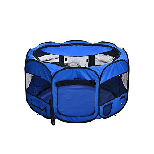 Amazon Basics Foldable Octagonal Indoor and Outdoor Portable Soft Dog Pen/Puppy Pen/Playpen, 114 cm / 45', Blue
