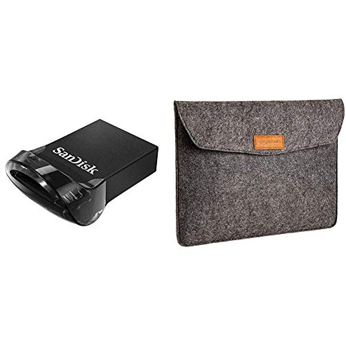 SanDisk Ultra Fit Unità Flash, USB 3.1 da 128 GB con Velocità fino a 130 MB/sec & Amazon Basics Custodia a guaina in feltro, per laptop 13 Pollici (33 cm), Colore: Grigio Carbone