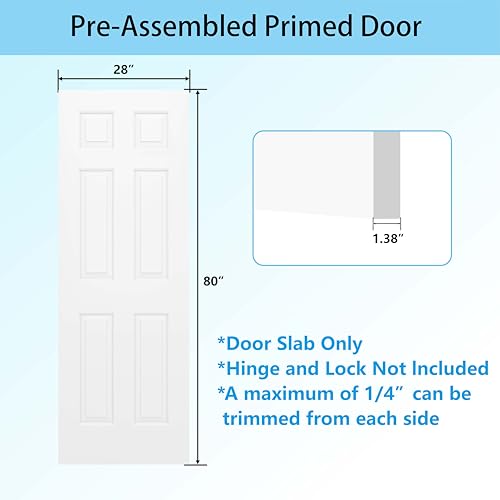 Image of JUBEST 28 inchx80 inch Raised 6-Panel Textured White Primed Hollow Core Interior Molded Door Slab, NOT Pre-drilled and NOT Included Hardware, Paintable Interior Door for Pantry, Laundry, Office