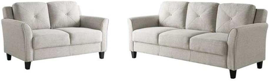 BOWERY HILL Transitional Set of 2 Solid Hardwood Frame Stationary Sofa and Loveseat in Beige Fabric Upholstery with Tufted Back Cushions