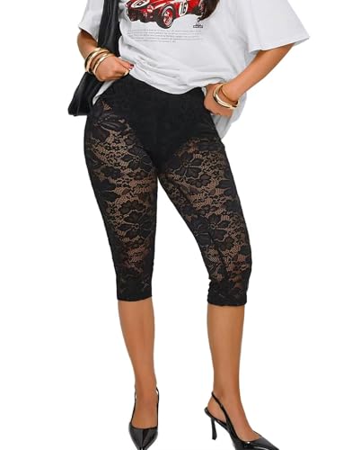 TZLDN Womens Sheer Floral Lace Capri Leggings Sexy Mesh See Through Y2k Going Out Bottoms Rave Pants Cropped Tights Black - Small