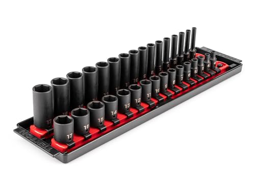 TEKTON 1/4 Inch Drive 6-Point Impact Socket Set with Rails and Tray, 32-Piece (4-17 mm) | SID90201