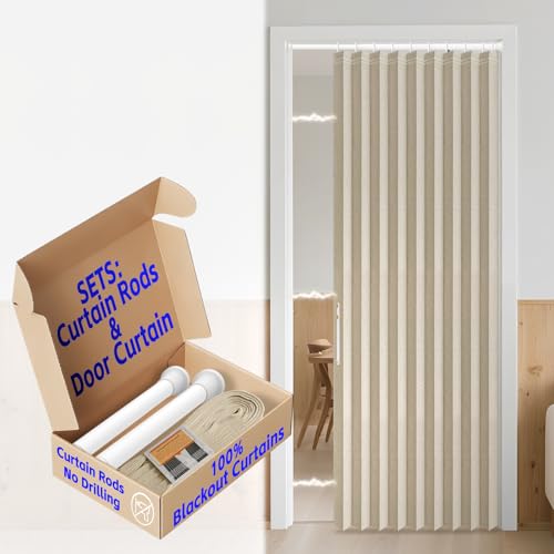 Image of AJAZZ Blackout Accordion Door with Curtain Rods Adjustable 28-39 inch Long Invisible Sliding Glass Door Curtain for Bedroom Living Room Doorway Curtain Sets (1 Pack, 42 W x 78 L, Cream Yellow)