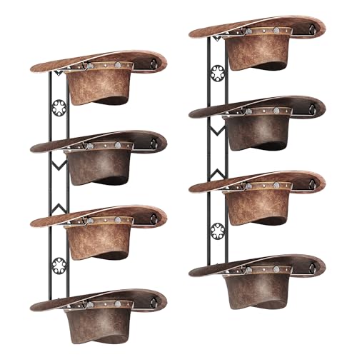 BEGULF 8 Pieces Cowboy Hat Organizer Hangers for Wall, BEGULF Western Hat Rack Wall Mounted with Decorative Star, 2 Pack Metal Cowboy Hat Holder for Western, Cowboy, Beach, Fedora, Sun Hats