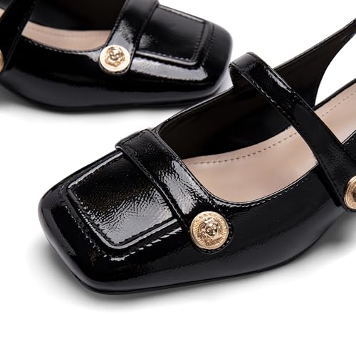 Image of Slingback Mary Jane Heels for Women Low Block Heel Closed Square Toe Pump Shoes Heels Classic Daily Office Dressy Shoes