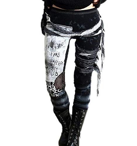 Keepmore Pantalones de Polainas góticas de Mujer Punk Pantalones de Malla de Carga Ajustados Rotos Pantalones Cover