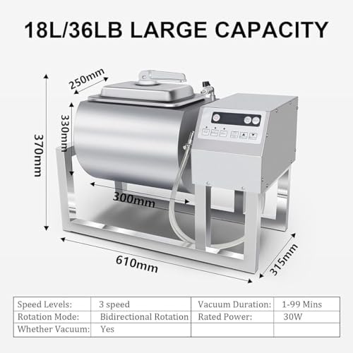 Stainless Steel Vacuum Tumbler Machine for Jerky, Sausage & Bacon - 36lb Capacity, 3-Speed Control, Bidirectional Rotation for Perfect Marination