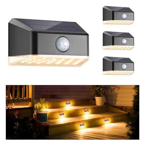 Linkind Solar Fence Lights,27 Led Solar Motion Sensor Lights Outdoor, 4 Pack Waterproof Solar Step Lights,3000k Warm White for Deck,Patio, Fence,Yard,Garden,Garage,Stair,Gate