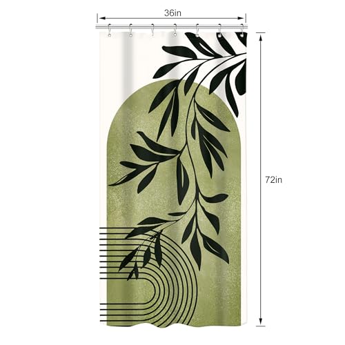 Image of Riyidecor Small Stall Green Mid Century Arch Shower Curtain Boho Bohemian Leaf Modern Neutral Rv Narrow Half Size 36Wx72H Inch Simple Minimalist Fabric Decor Bathroom Polyester Waterproof Hooks