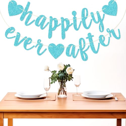 Image of Happily Ever After Glitter Bunting Banner, Engagement, Bridal Shower, Wedding Party Photo Booth Props Signs,Pre-Strung Cursive Bunting (Blue)