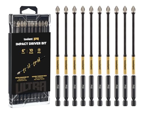 Image of toolant PH2 Phillips Impact Bit Set, 6 Inch, 10-Piece, Magnetic | S2 tool steel construction, precision-machined tips, anti-slip profile, magnetic retention, impact-driver use