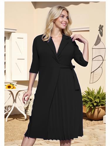 Image of Hostoyo Plus Size Wrap Dress Elegant Pleated Formal Midi Dresses Suit Collar 3 /4 Sleeve Belted Casual Church Outdoor Office