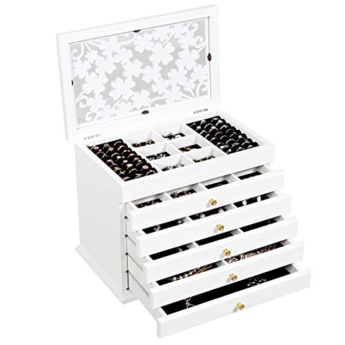 COSTWAY Boîte à Bijoux en Bois Couvercle avec Sculpture Fleur à 6 Niveaux avec 5 Tiroirs Amovibles pour Bracelets, Colliers, Boucles d’Oreilles 30x19x25CM (Blanc)